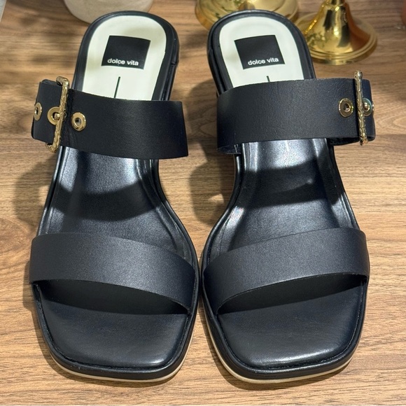 Dolce Vita 8.5 Black Riva Slip On Block Heel Sandals Boho Wedding Chic Vacation - Picture 2 of 7